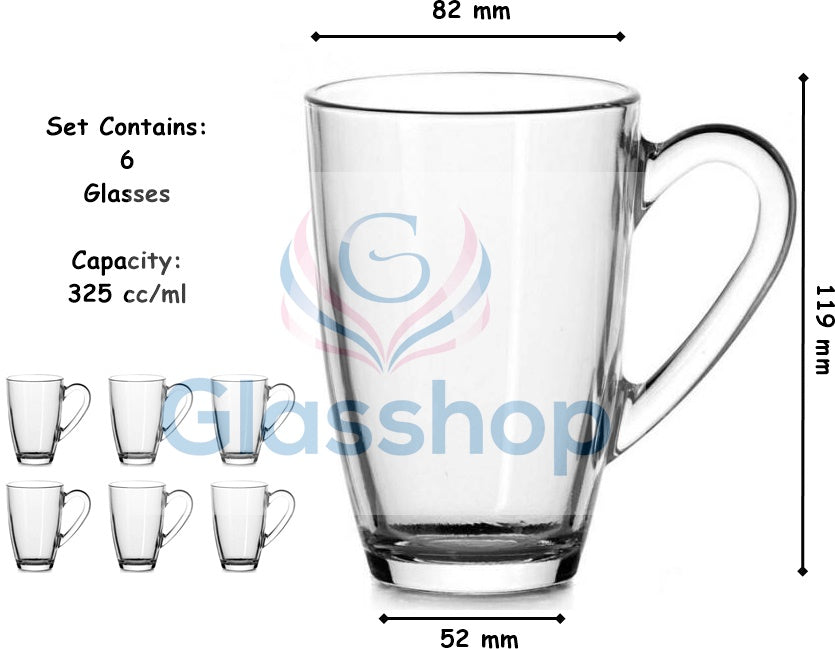 Glass Coffee Mugs. Tea Coffee Glass. Glass Mug with Handle. (Pack of 6) (325 ml)