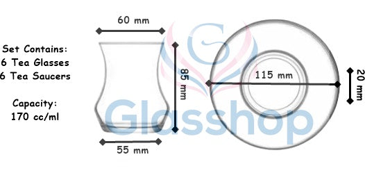 Turkish Tea Glasses & Saucers. Contemporary Glass Teacup and Saucer Set. 12 Pieces (6 Glasses & 6 Saucers)