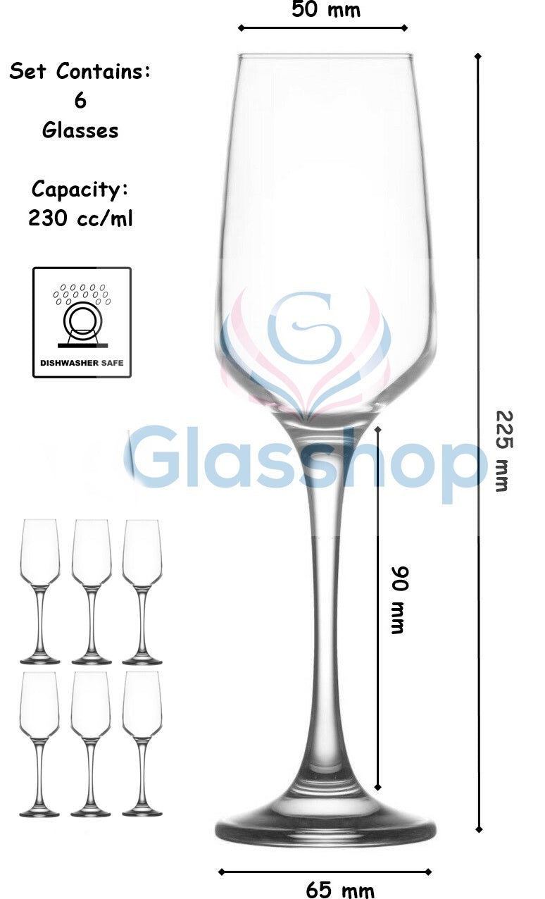 Champagne Flutes. Long Steam Prosecco Sparkling Glasses. (Set of 6) (230 cc/ml)