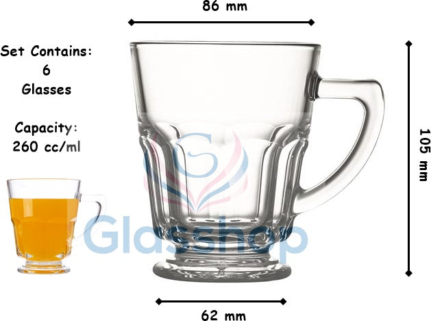 Premium Glass Coffee Mugs - Elegant Tea and Coffee Cups with Handles (Pack of 6, 260 ml Each)