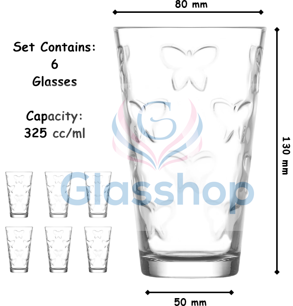 Highball Everyday Drinking Glasses. Butterfly Embossed Glass. (Set of 6) (325ml)