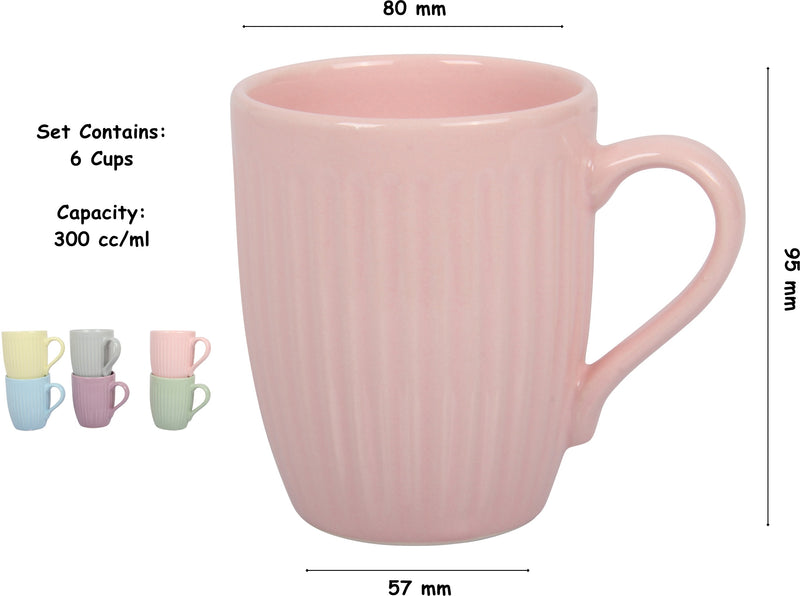 Stoneware Tea Coffee Cups. Coloured Lined Style Mugs. (Pack of 6) (300 cc/ml)