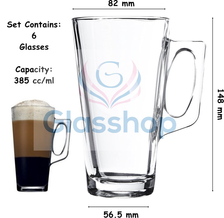 Glass Coffee Mugs. Latte Glasses. Glass Mug with Handle. (Pack of 6) (385 ml)