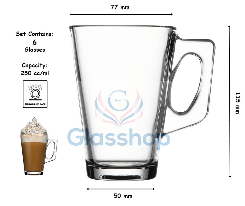 Glass Coffee Mugs. Tea Coffee Cups with Handle. Glass Mug. (Pack of 6) (250 ml)