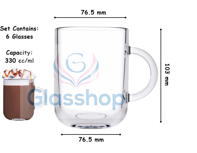 Glass Coffee Mugs. Tea Coffee Cups with Handle. Glass Mug. (Pack of 6) (330 ml)