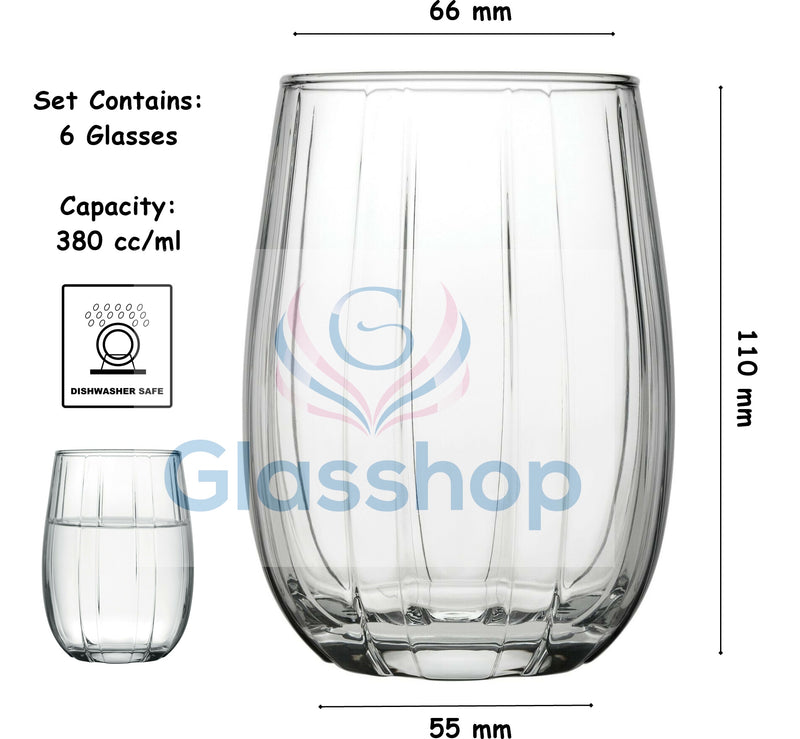 Tumbler Glasses. Water/Whisky/Juice Glass Set. (Pack of 6) (380 cc/ml)