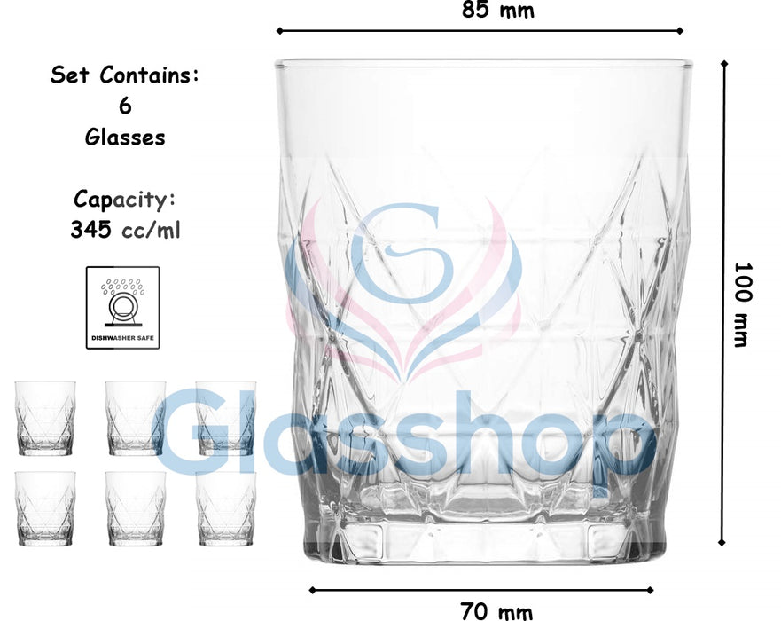 Whisky Tumbler Drinking Glasses. Diamond Cut Design. (Set of 6) (345 cc/ml)