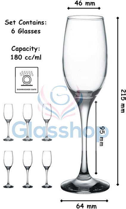 Champagne Flute Glass. Long Steam Prosecco Glasses. (Pack of 6) (180 ml).