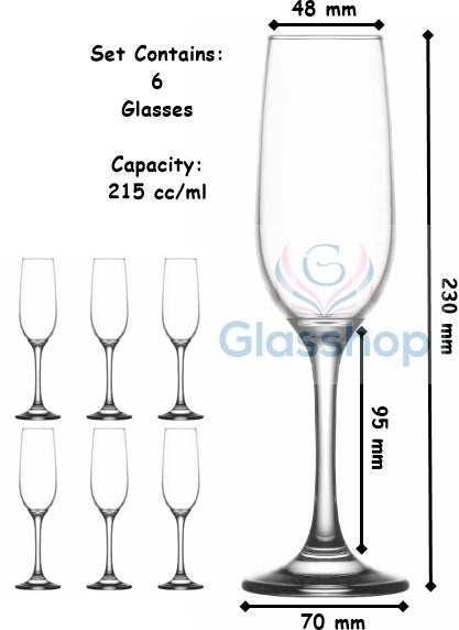 Champagne Glasses. Long Steam Prosecco Flute. Drink Party. (Pack of 6) (215 ml).