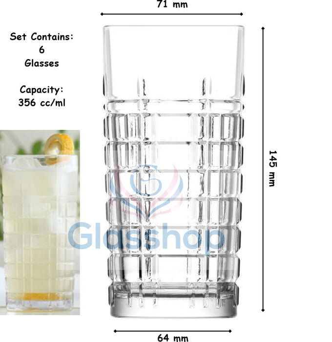 Hi-Ball Tumbler Glasses. Tall Drinking Water / Juice Glass. (Set of 6) 356 ml.