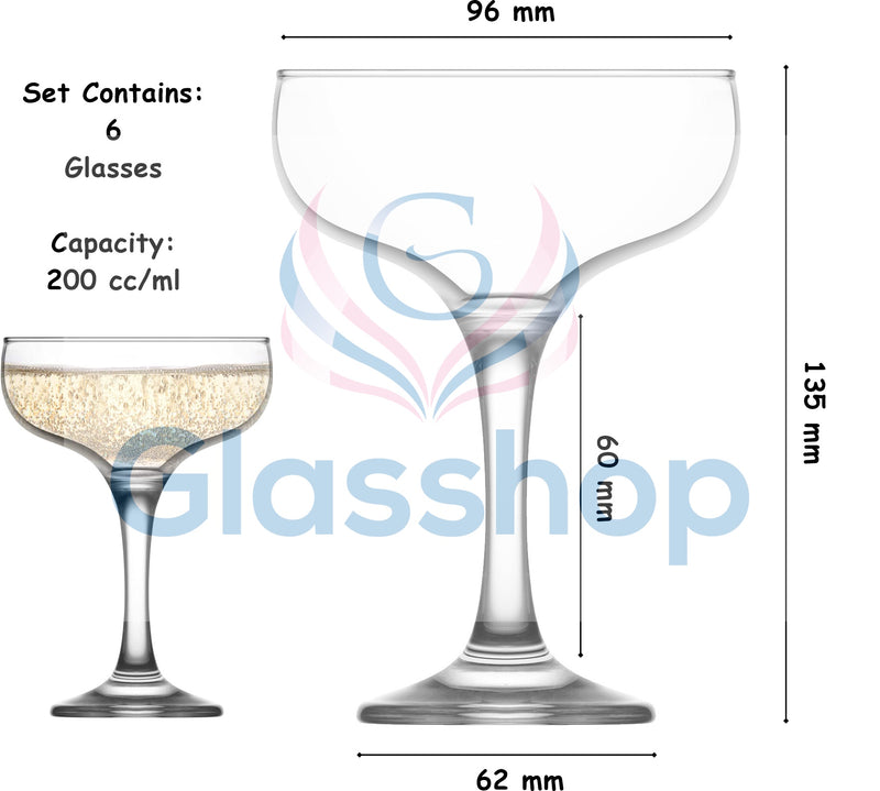 Martini Cocktail Glasses. Champagne Coupe Saucers. (Set of 6) (200 ml)