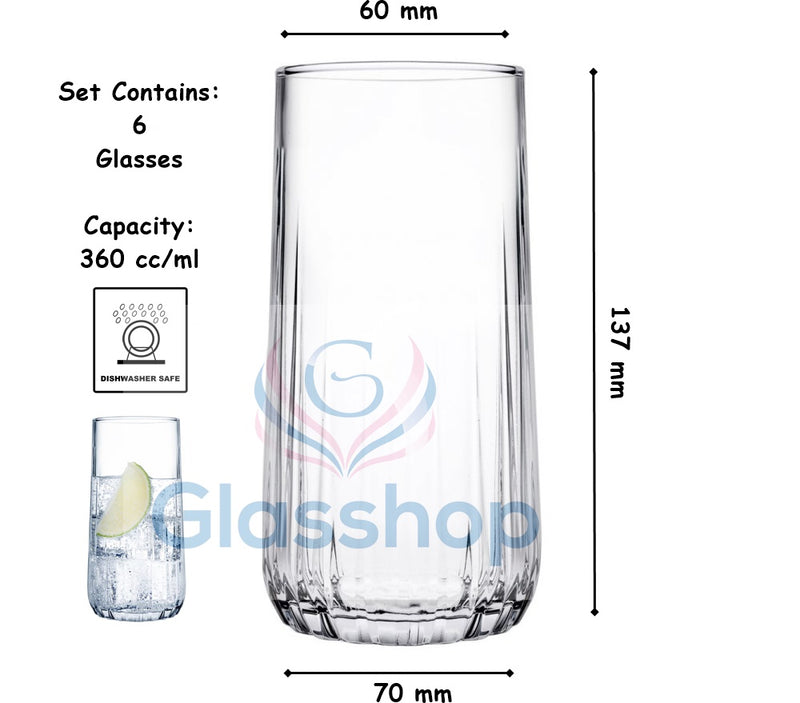 Highball Glass Set. Cocktail / Juice / Water Glasses. (Pack of 6) (360 cc/ml)