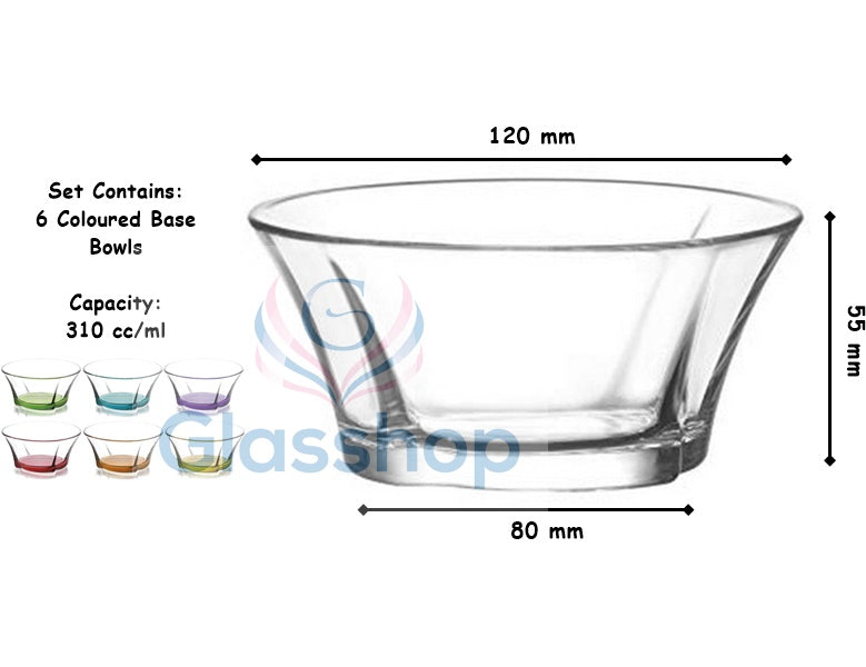Coloured Base Glass Bowls. Dessert Ice Cream Sundae Fruit Trifle. (Pack of 6)