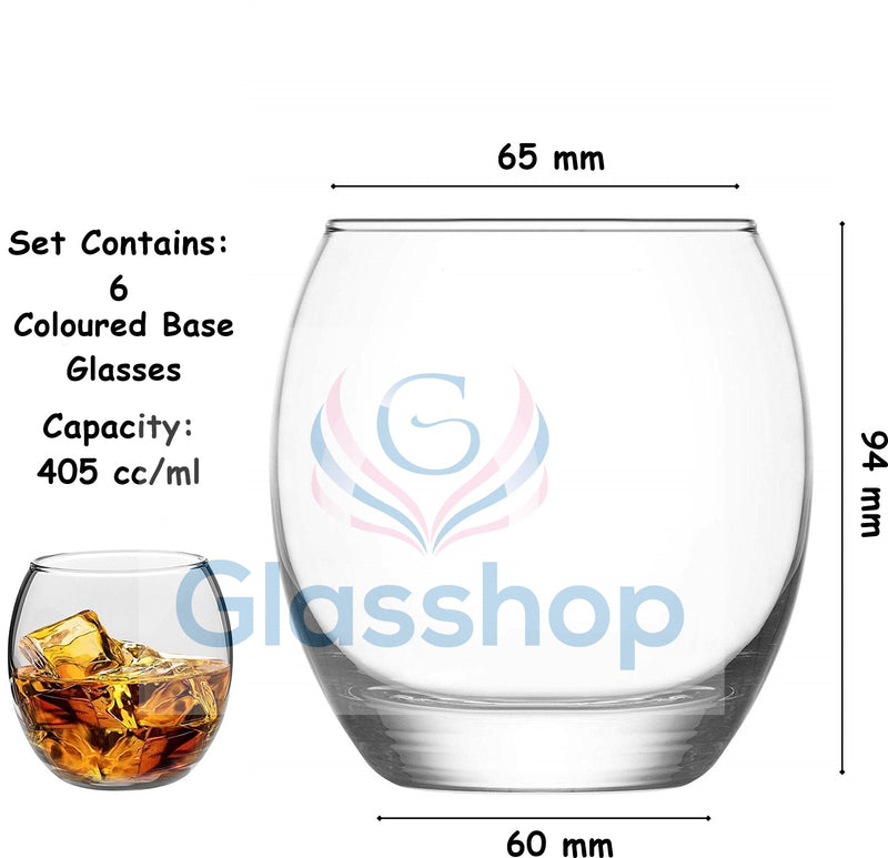 6x Coloured Base Tumbler Glasses. Whisky Juice Tumbler Drinking Glasses. (405 ml)
