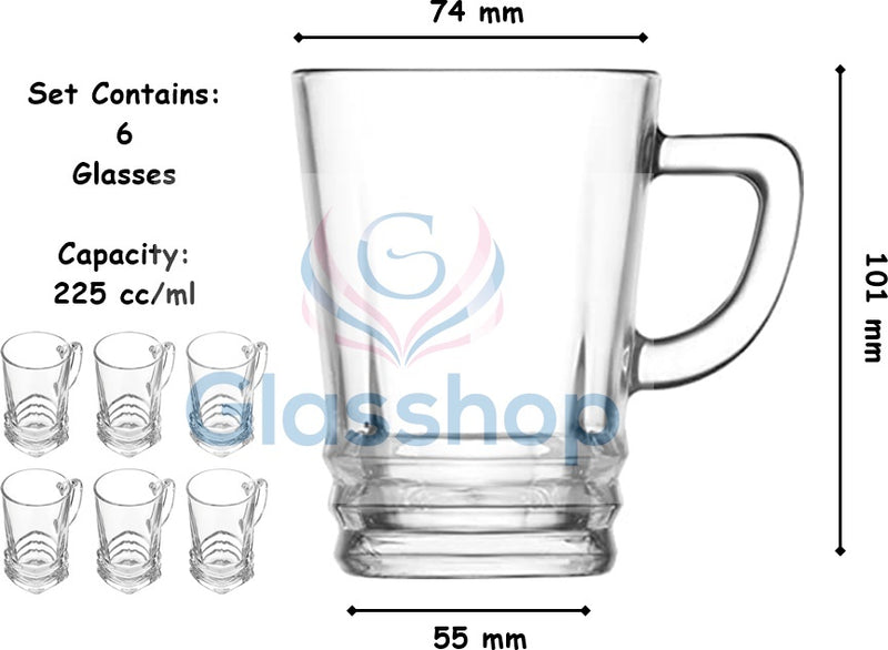 Glass Coffee Mugs. Tea Coffee Cups with Handle. Glass Mug. (Pack of 6) (225 ml)
