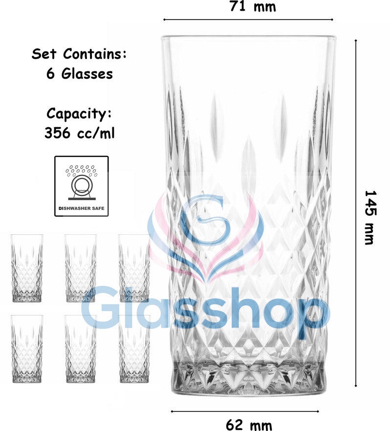 HiBall Glasses. Water Juice Drinking Tumbler. Vintage Style. (Set of 6)(356 ml)