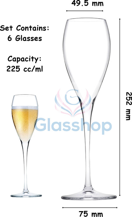 Champagne Glasses. Long Steam Prosecco Flute. Fine Rim. (Pack of 6) (225 ml).