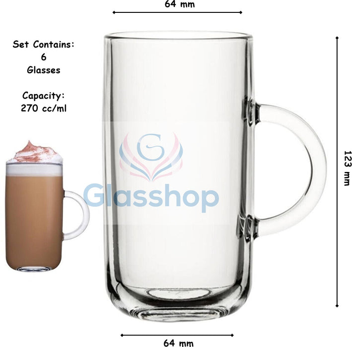 Glass Coffee Mugs. Tea Coffee Cups with Handle. Glass Mug. (Pack of 6) (270 ml)