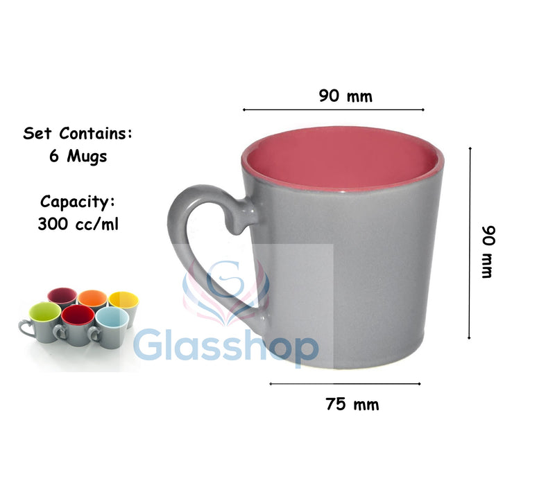 Stoneware Tea Coffee Cups. Multicoloured Tea Coffee Mugs. (Pack of 6) (300 cc/ml)