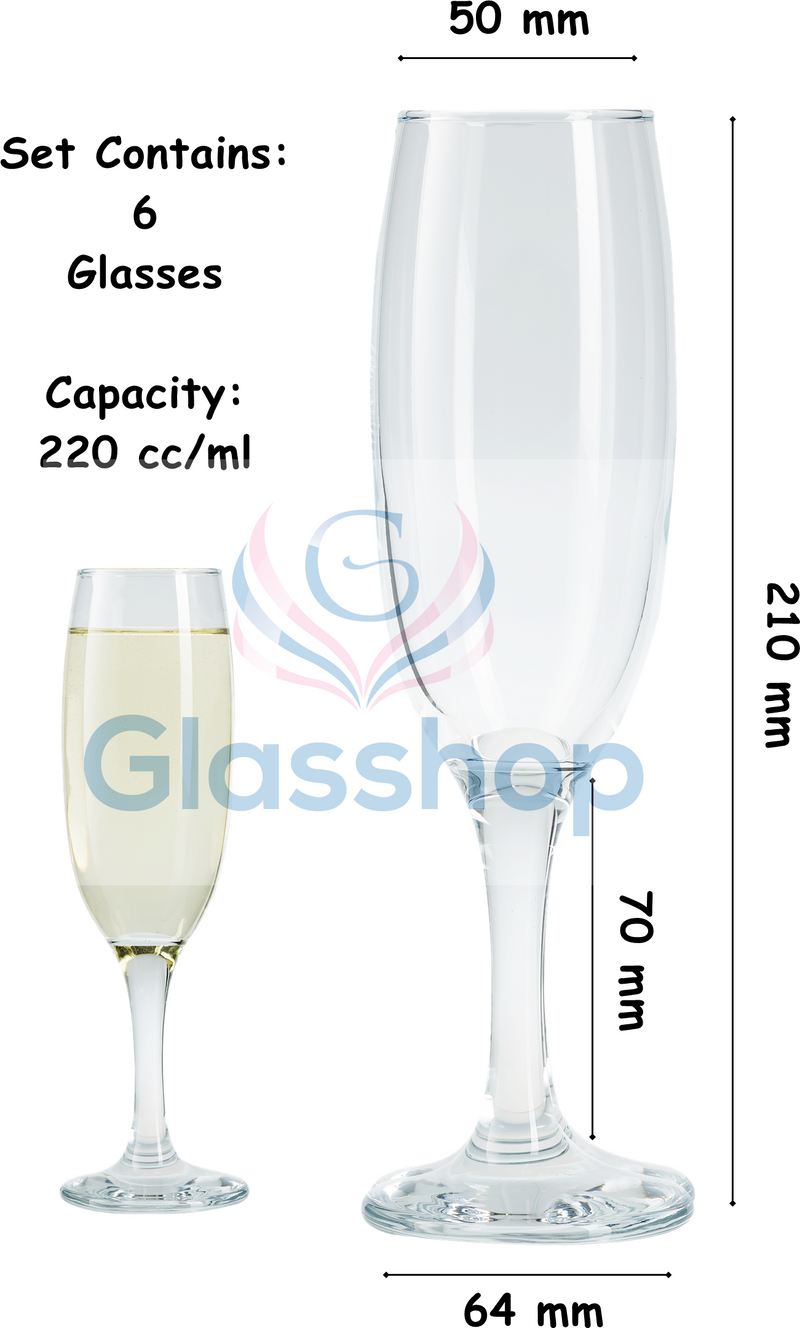 Champagne Flute Glasses Set. Long Steam Prosecco Glass. (Pack of 6) (220 cc/ml)