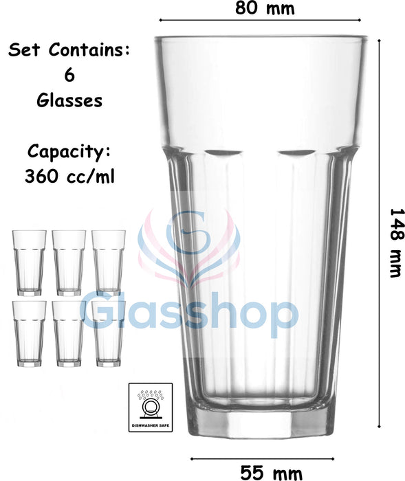 Large Highball Drinking Glass. Water Cocktail Glasses. (Pack of 6) (360 cc/ml).