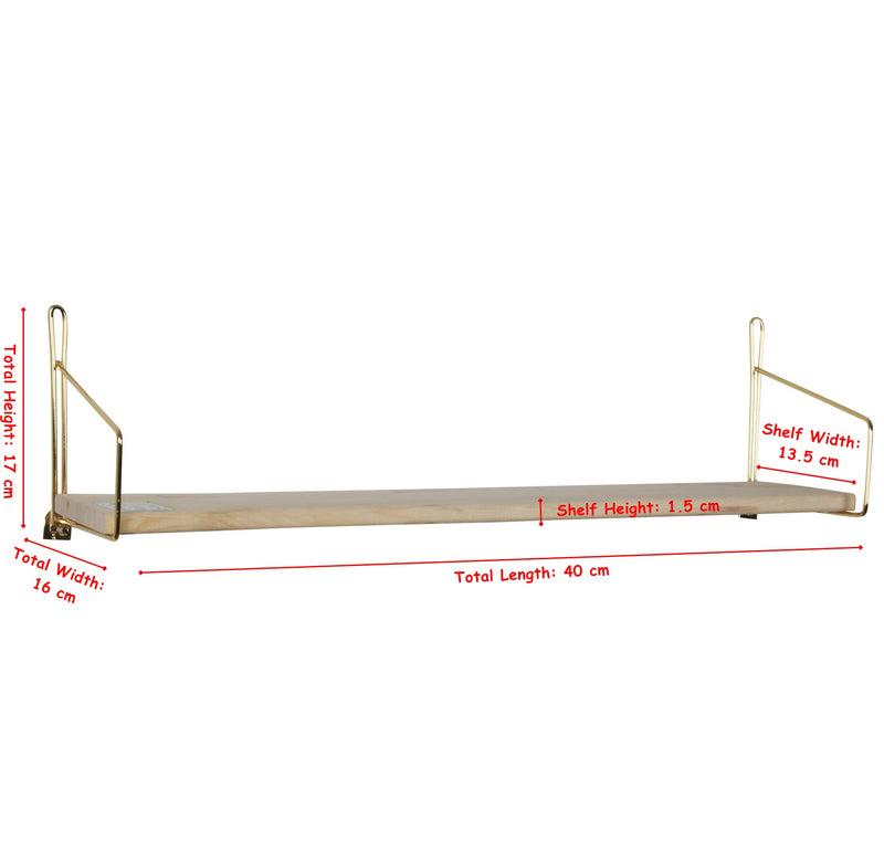Modern Mounted Wall Shelf. Floating Shelf. (Single) (40 cm) (Gold Metal & Solid Wood).