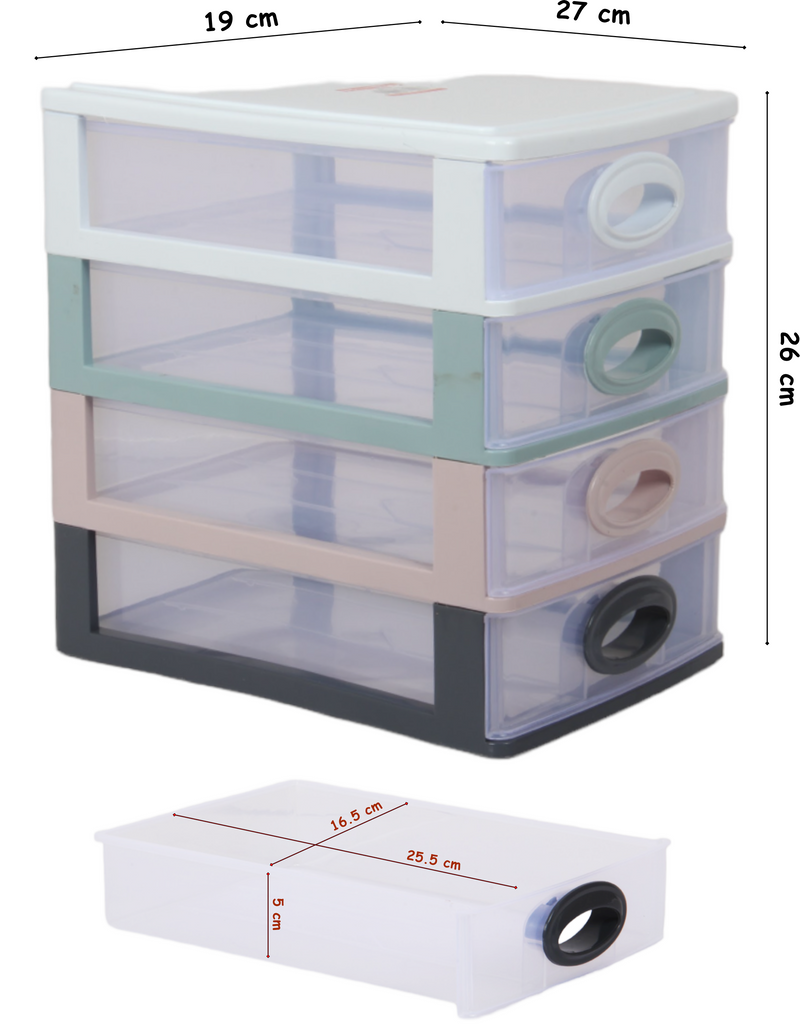 4 Tier Drawer Storage Unit. Transparent Desktop Drawer.