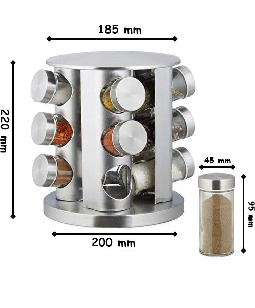 Rotating Spice Rack. 12 Glass Spice Jar. Stainless Steel. Revolving Free Stand.
