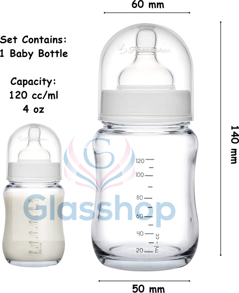 Glass Baby Bottle. Breast-Like Teat with Anti-Colic Valve. 0 Months+ (120 ml/4oz)