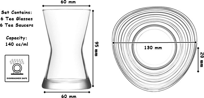 Turkish Tea Glasses & Saucers. Contemporary Glass Teacup and Saucer Set. 12 Pieces (6 Glasses & 6 Saucers)