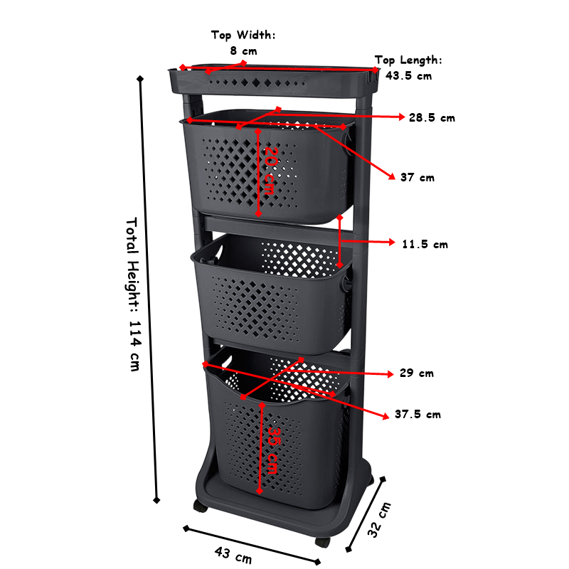 4 Tier Plastic Vegetable Rack with Wheels. Storage Trolley. Movable Baskets.