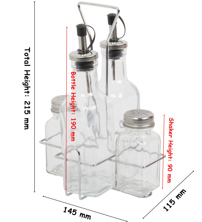 4 Piece Condiment Set. Salt, Pepper, Oil & Vinegar. Glass Cruet Set.