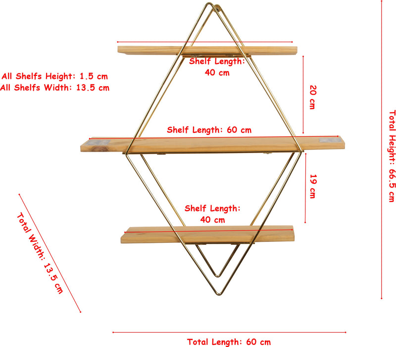 Decorative Mounted Wall Shelf. 3 Tier Prism Unit Rack. (Gold Metal & Solid Wood)