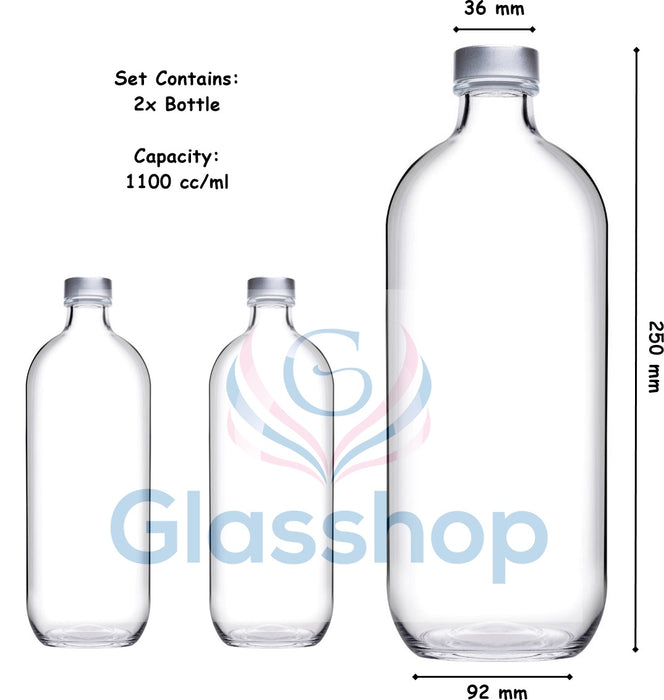 2x Glass Water Bottle. Milk Juice Storage Carafe with Twist Off Lid. (1.1 Litre Each Bottle)