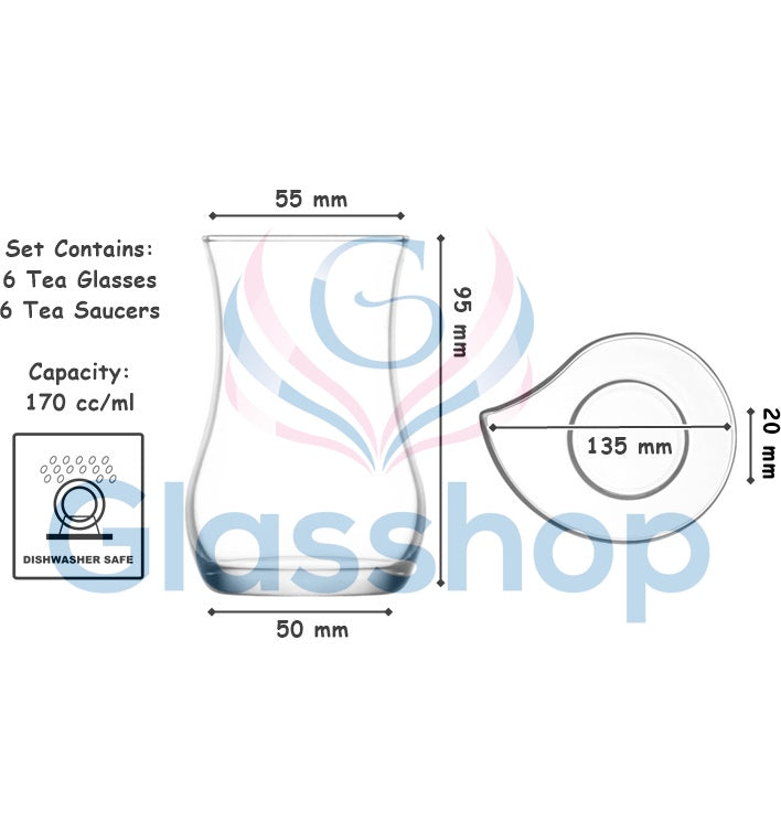 Turkish Tea Glasses & Saucers. Oriental Arabic Tea House. (6 Glasses & 6 Saucers)