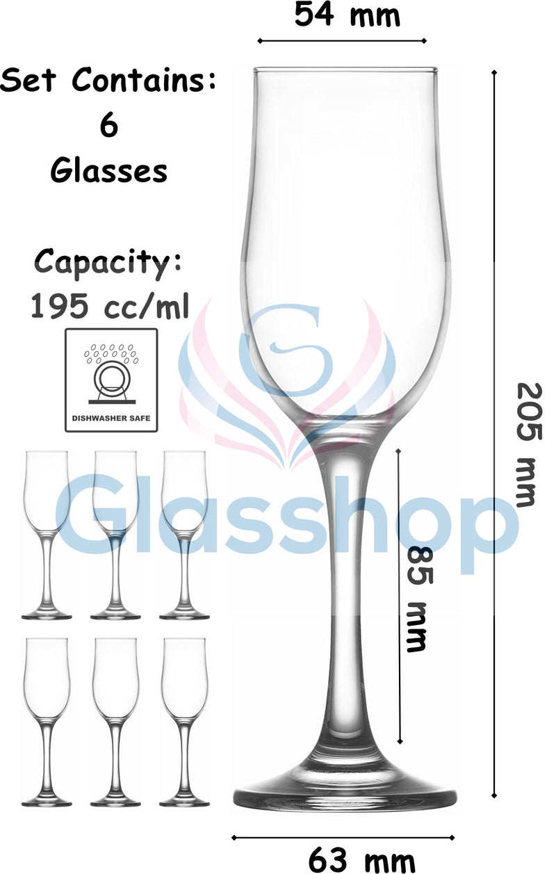 Tulip Champagne Flutes. Long Stem Prosecco Glasses. (Pack of 6) (195 cc/ml)