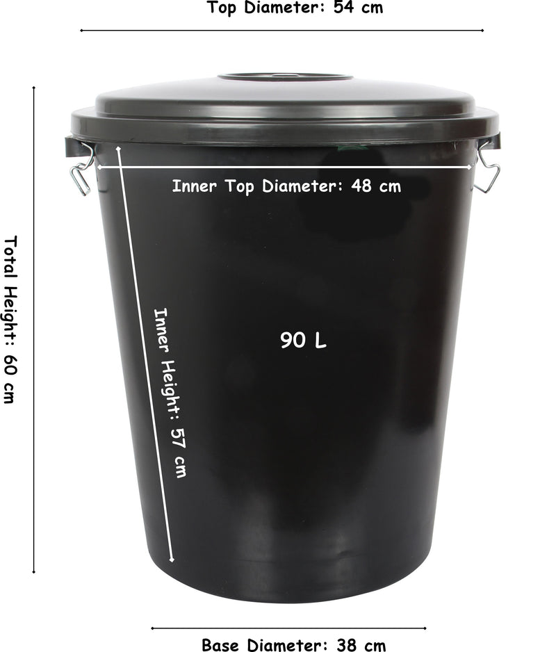 90L Heavy Duty Garden Rubbish Refuse Bin. Metal Handles with Clip Lid. (Black)