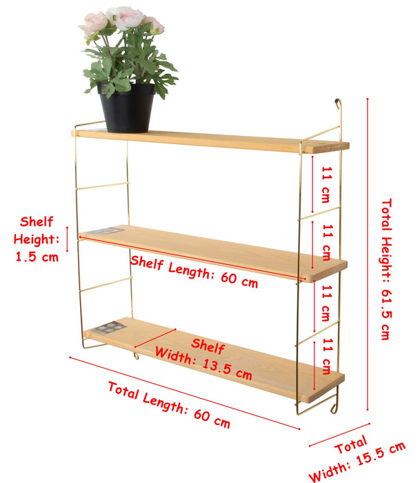 3 Tier Mounted Wall Floating Shelves. Decorative Shelf.(Gold Metal & Solid Wood)