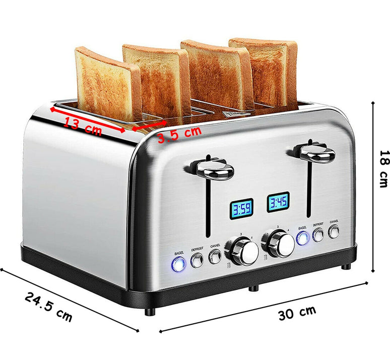 Toaster 4 Slice. Stainless Steel Toasters with LCD Digital Timer, Wide Slot.