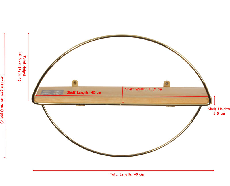 Decorative Mounted Wall Shelf. Ellipse Shape Unit Rack. (Pack of 3) (Gold Metal & Solid Wood)