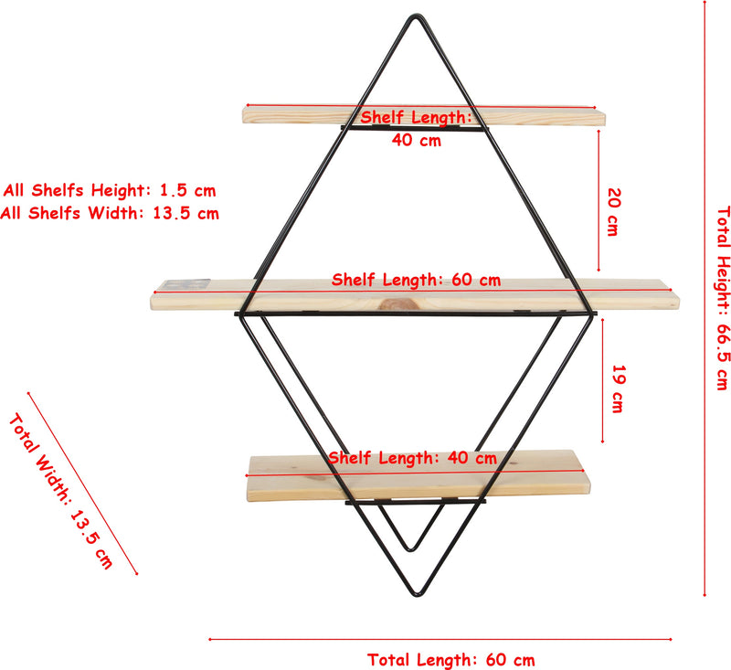 Decorative Mounted Wall Shelf. 3 Tier Prism Unit Rack. (Black Metal & Solid Wood)