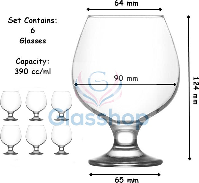 Brandy Cognac Liqueur Snifter Glasses. Small Brandy Glass. (Pack of 6) (390cc/ml)
