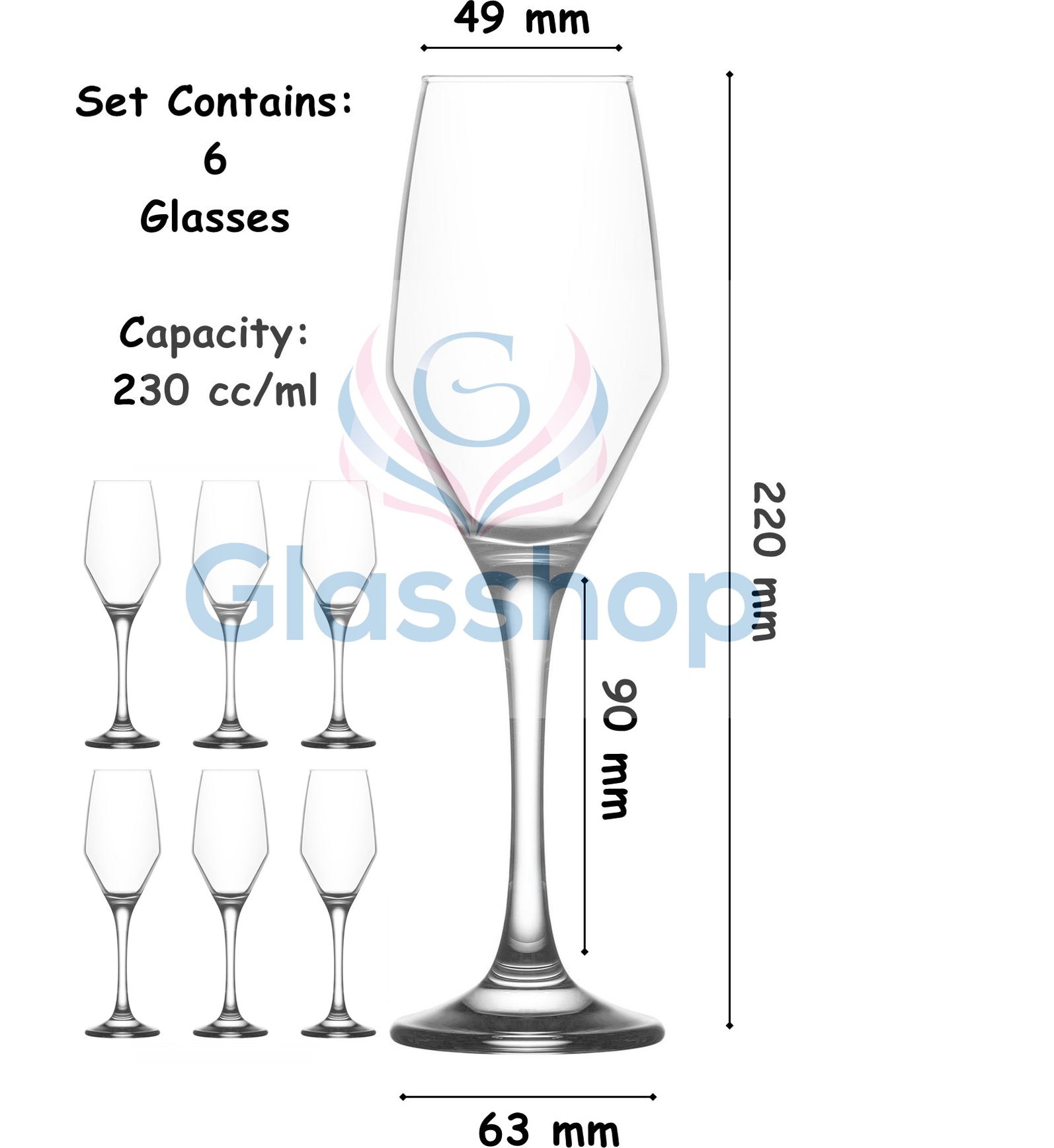 Wide Tulip Champagne Flutes. Long Stem Prosecco Glasses. (Pack of 6