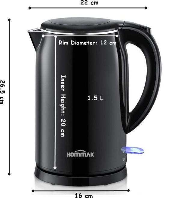 Black Electric Kettle. Cordless Double Wall Stainless Steel Kettle. (1.5L) (2000W)