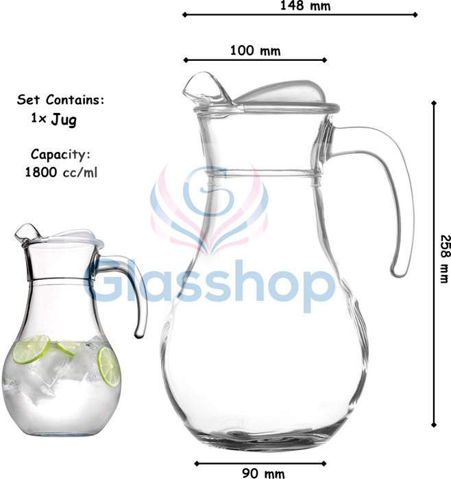 1.8 Litre Glass Jug with Lid. Large Water Carafe Pitcher with Handle.