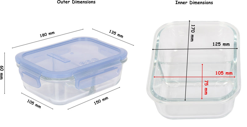 2 Compartment Glass Food Storage Containers with Lid. Blue. (Set of 2) (630 ml)