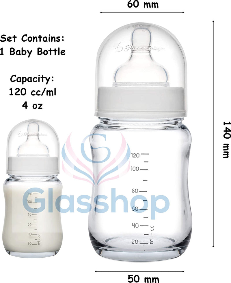 Glass Baby Bottle. Medium Flow with Anti-Colic Valve. 6 Months+ (120 ml/4oz)