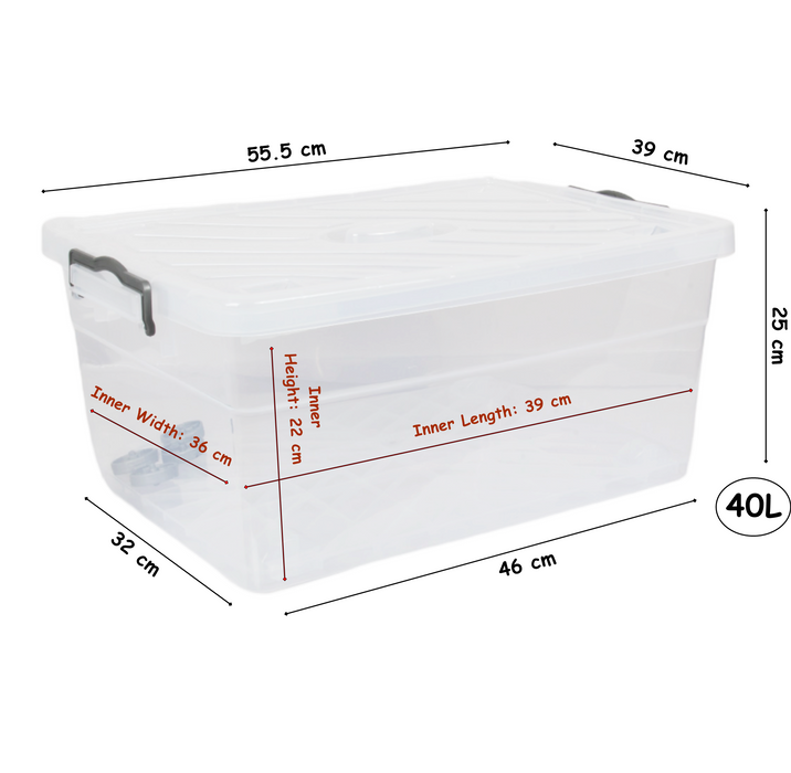 Wheeled Storage Box with Lid. (40L) Plastic Stackable Organizing Box. (Clear)