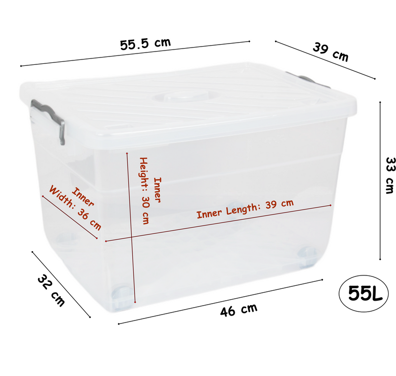Large 55L Plastic Storage Box. Clear Storage Box with Wheels and Lid. Nestable Box.