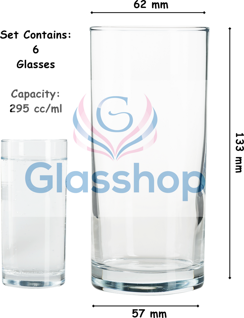 Highball Glass Set. Cocktail / Juice / Water Glasses. (Pack of 6) (295 cc/ml)